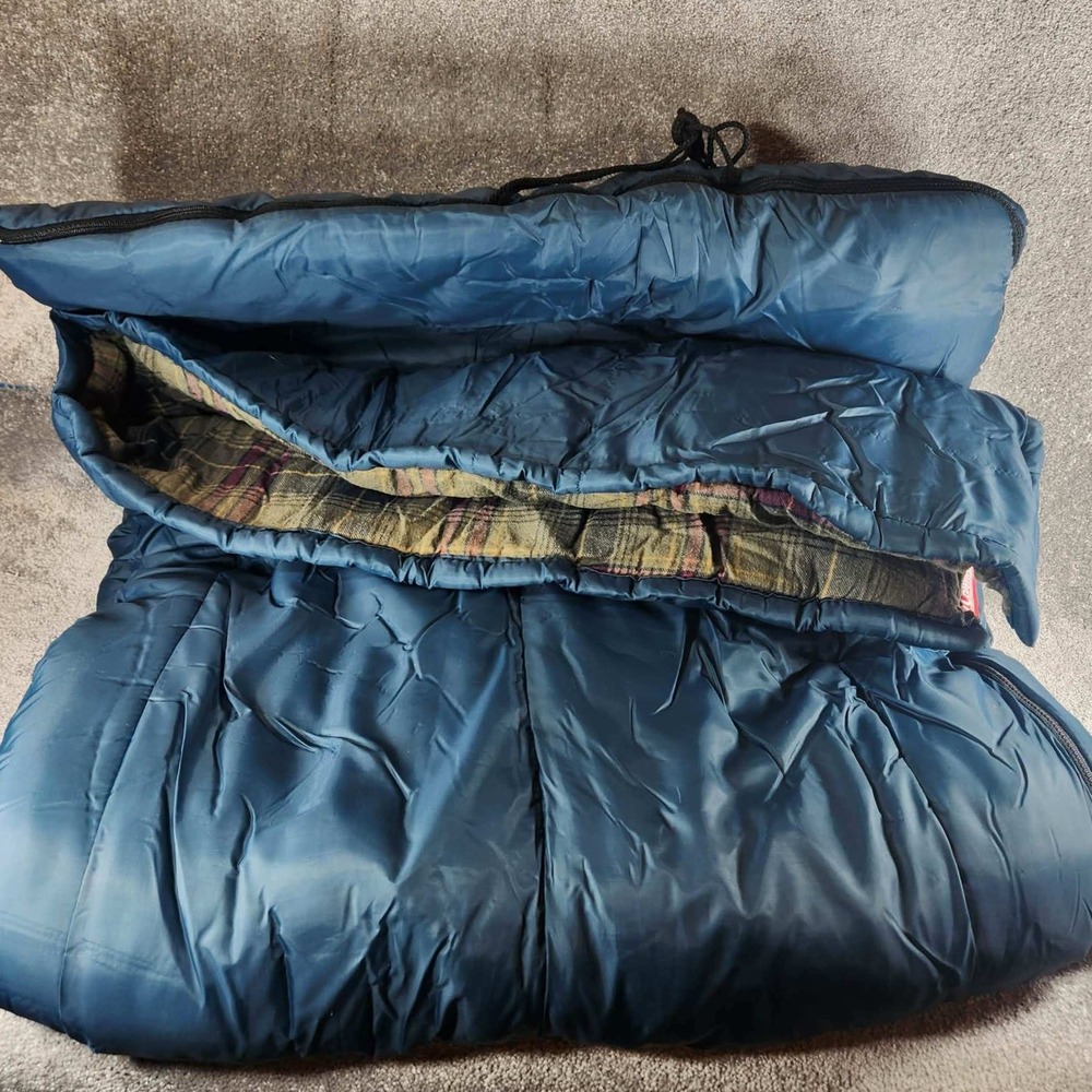 Coleman Sleeping Bag Blue Plaid Flannel Lined Rectangular Camping Adult 34x75